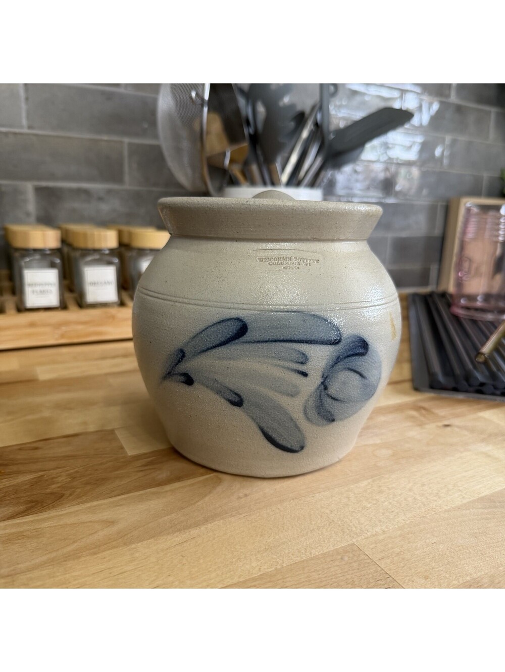 Vintage Wisconsin Pottery Handmade Bean Pot Original Cover 1994